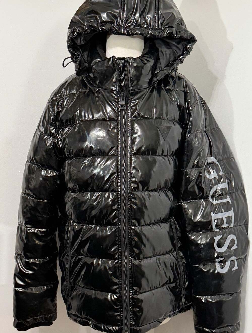 GUESS Men's Holographic Black High-Shine Puffer Jacket Winter Coat Size Large L